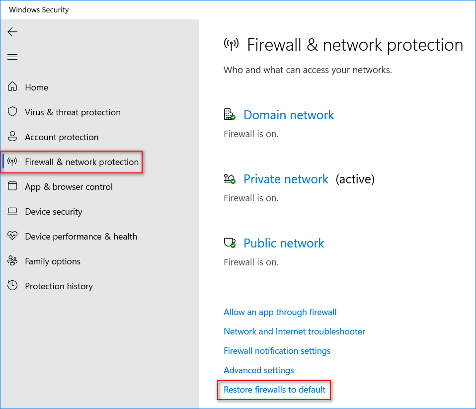 restablecer las reglas del firewall de Windows a los valores predeterminados