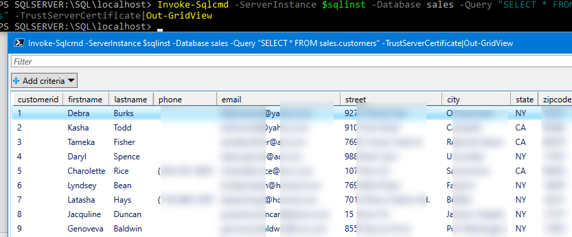 invocar ejemplos de sqlcmd powershell