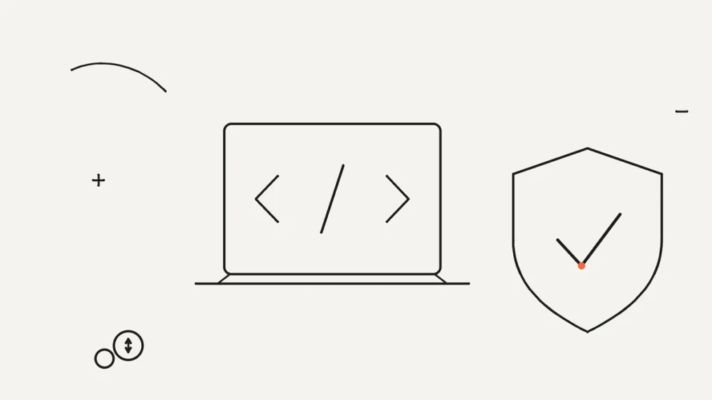 Ilustración lineal de un portátil y un escudo que representan la comprobación de puertos y firewall