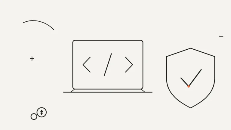 Ilustración lineal de un portátil y un escudo que representan la comprobación de puertos y firewall