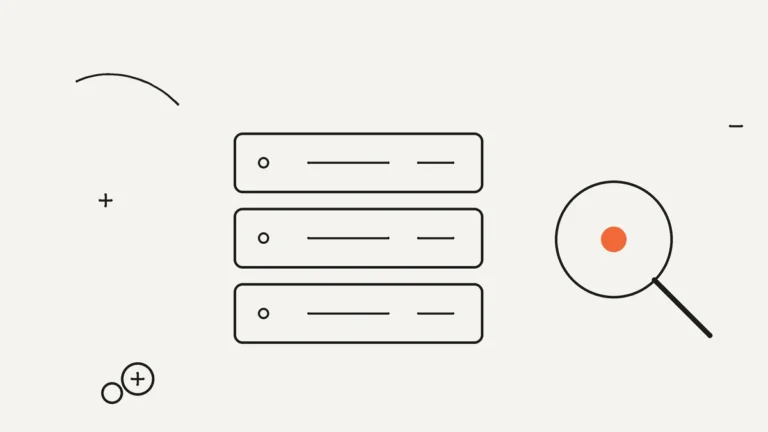 Ilustración lineal de un servidor y una lupa que representan una consulta DNS con nslookup
